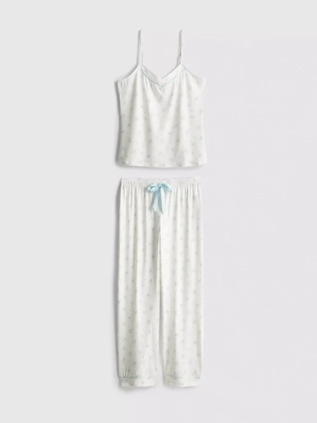 Schlafanzug mit bedrucktem Satin-Cami-Top und Schleife