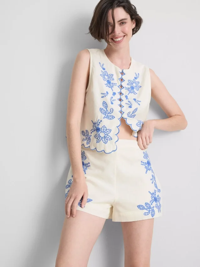 Shorts aus Baumwolle mit Blumenstickerei