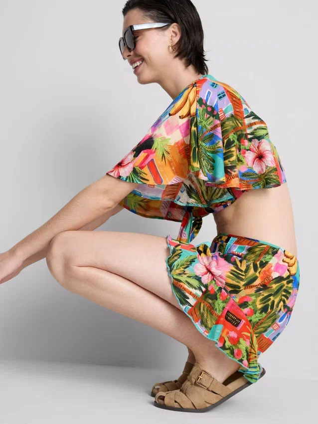 Shorts mit Rüschen und tropischem Print