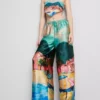 Strandhose aus Satin mit landschaftlichem Print