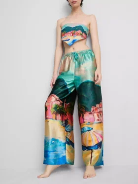 Strandhose aus Satin mit landschaftlichem Print