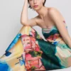 Strandhose aus Satin mit landschaftlichem Print