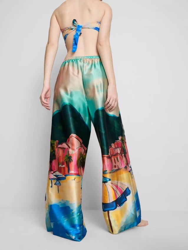 Strandhose aus Satin mit landschaftlichem Print