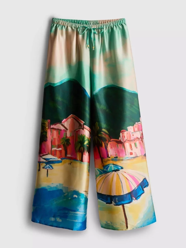 Strandhose aus Satin mit landschaftlichem Print