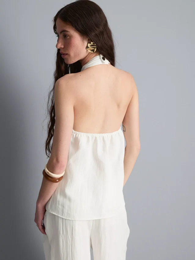 Strukturiertes Halterneck-Top mit Knopfleiste